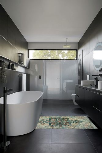 Wonnitar Boho 3x5 Rug for Entryway,Bohemian Washable Soft Living Room Rug,Non-Slip Dark Green Distressed Bathroom Throw Mat,Non-Sheding Low Pile Indoor Floor Carpet for Apartment Dorm Closet in Black Modern Bathroom