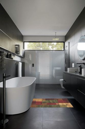 Mohawk Home New Wave Alliance Geometric Accent Area Rug in Black Modern Bathroom