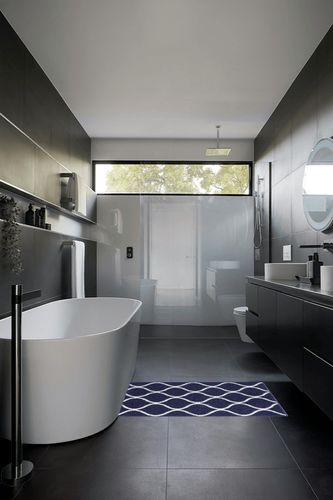Navy Blue/White Contemporary Fade Resistant, Stain-Resistant Kitchen, Bathroom, Bedroom, Hallway Throw Rug in Black Modern Bathroom
