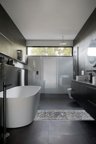 Tribal Geometric Blue Multicolor Runner in Black Modern Bathroom