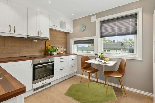 4.6 ft, Green fluffy rug in Wood and White Small Kitchen