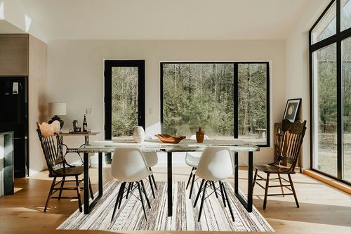 Washable Large Soft Neutral Boho Moroccan Bohemian Farmhouse Rug in Modern Scandinavian Dining Room with Black Accents
