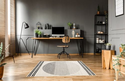 Artistic Weavers Jimina Black/Ivory 5 ft. x 7 ft. Indoor Area Rug in Grey Home office with Wooden Floor