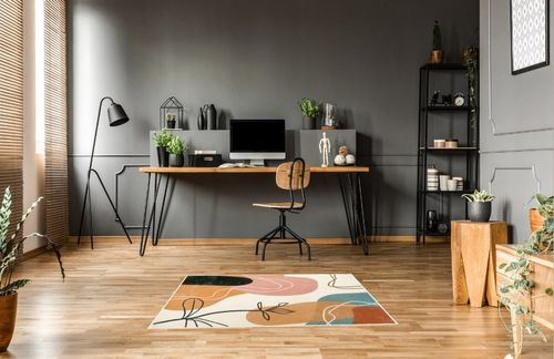 Wonnitar Boho Art Area Rug - 4x6 Washable Entry Large Rug,Abstract Minimalist Line Bathroom Soft Accent Mat,Non-Slip Aesthetic Mid Century Modern Floor Carpet for Bedroom Living Room Office in Grey Home office with Wooden Floor