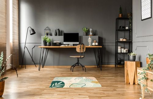 Botanical Print Small Rug Modern Abstract Non-Slip Minimalist Art Area Rug in Grey Home office with Wooden Floor