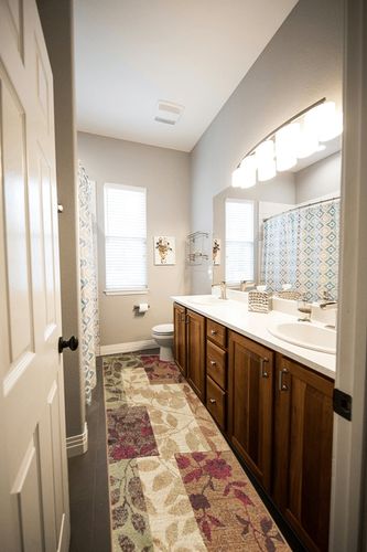 Home Dynamix Amelia Modern Area Rug | 26" x 12' Runner | Beige/Green/Red in Wooden and Grey Bathroom