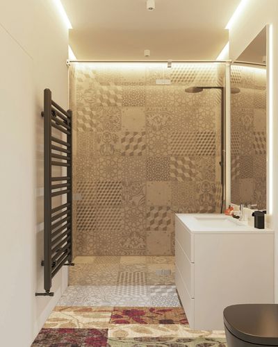 Home Dynamix Amelia Modern Area Rug | 26" x 12' Runner | Beige/Green/Red in White Tiled Bathroom