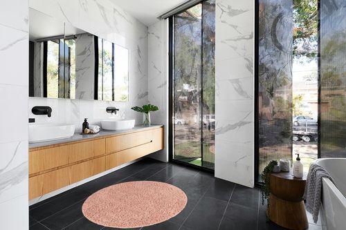 Everyday Shag Rug in Modern Black Tiled bathroom