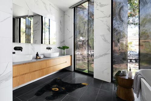 Soft and Cuddly Cute Black Bear Floor Throw Area Rug (Great Kids Rug) 42" in Modern Black Tiled bathroom