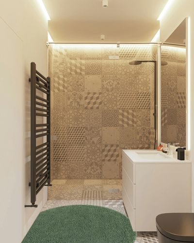 4 Ft Round Green fluffy rug in White Tiled Bathroom