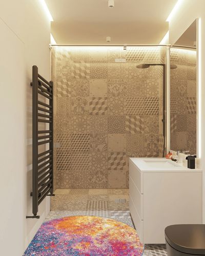 Round Modern Abstract  Area Rug 4' in White Tiled Bathroom