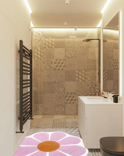 USTIDE Pink Flower Shaped Rug 47x47 Inch, Washable Flower Shaped Rug Soft Flower Rugs for Bedroom in White Tiled Bathroom