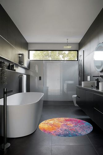 Round Modern Abstract  Area Rug 4' in Black Modern Bathroom
