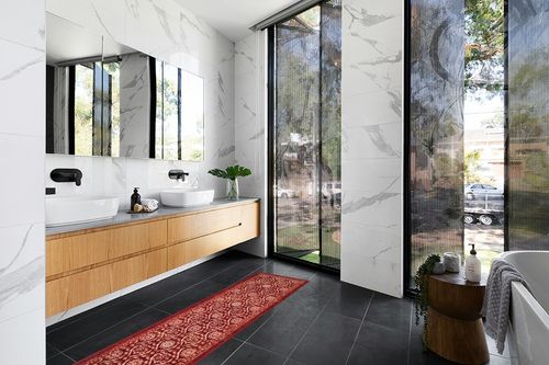 Antep Rugs Alfombras Non-Skid Rug in Modern Black Tiled bathroom