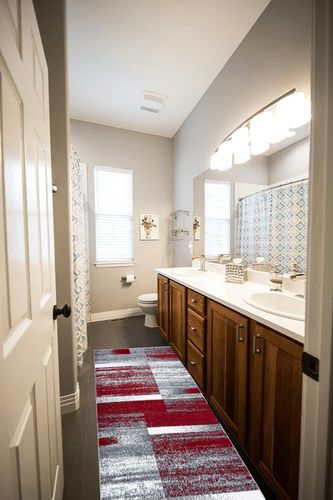 Art Deco Abstract Geometric Area Rug in Wooden and Grey Bathroom
