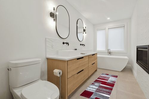 Art Deco Abstract Geometric Area Rug in Scandinavian Neutral bathroom