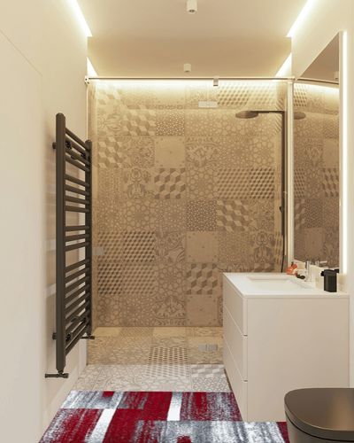 Art Deco Abstract Geometric Area Rug in White Tiled Bathroom