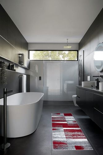 Art Deco Abstract Geometric Area Rug in Black Modern Bathroom