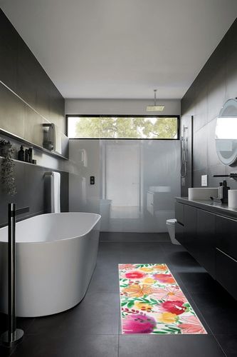 Ileading Runner Rug for Hallway Machine Washable Laundry Room Rug Non Slip Kitchen Floor Mat Pink Abstract Flowers Entryway Rug for Bedroom livingroom Indoor Entryway Washroom (Pink, 2'x6') in Black Modern Bathroom