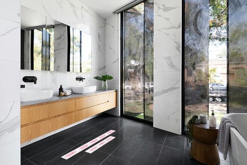 Kitchen Mat 2 Pieces, Christmas Pink Watercolor Snowflakes Kitchen Rugs and Mats Non Slip Runner Rug Washable Floor Mats for Kitchen Home 15.7" x 23.6" + 15.7" x 47.2" in Modern Black Tiled bathroom