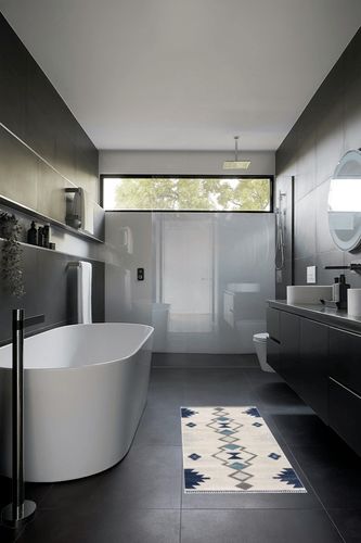 Rug Branch Savannah Contemporary Boho Blue Beige Indoor Doormat Rug for Living ... in Black Modern Bathroom