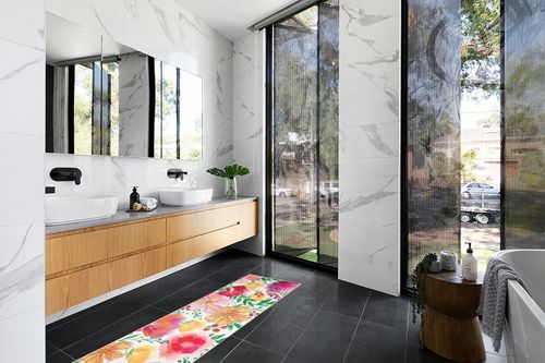 Ileading Runner Rug for Hallway Machine Washable Laundry Room Rug Non Slip Kitchen Floor Mat Pink Abstract Flowers Entryway Rug for Bedroom livingroom Indoor Entryway Washroom (Pink, 2'x6') in Modern Black Tiled bathroom