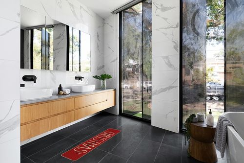 Artoid Mode Red Merry Christmas Doormat, Winter Home Decor Low-Profile Switch Rug Door Mat Floor Mat for Indoor Outdoor 17x47 Inch in Modern Black Tiled bathroom