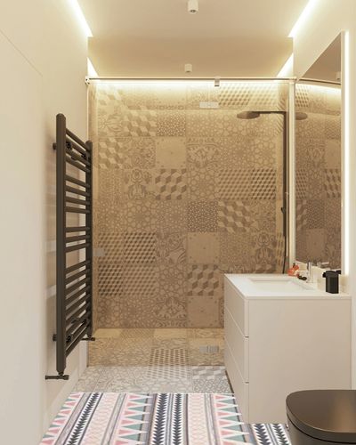 Poowe Cotton Woven Tassles Area Rug in White Tiled Bathroom