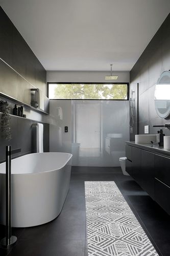 Jordan High-Low Pile Art Deco Geometric Indoor Outdoor Area-Rug in Black Modern Bathroom