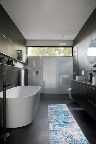 Wonnitar Modern Abstract 2x8 Runner Rugs for Hallway,Washable Non-Slip Entryway Carpet Runner with Rubber Backing,Contemporary Soft Bathroom Throw Mat for Living Room Kitchen Bedroom,Blue/Grey in Black Modern Bathroom