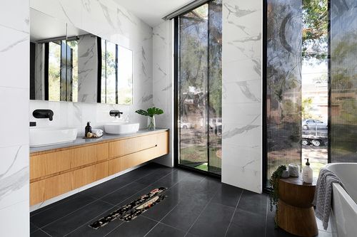 Artoid Mode Snowman Deer Let It Snow Snowflake Christmas Kitchen Mats Set of 2, Winter Decor Low-Profile Kitchen Rugs for Floor - 17x29 and 17x47 Inch in Modern Black Tiled bathroom