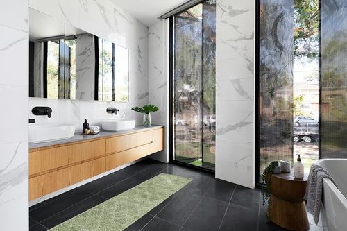 Unique Loom Trellis Shag Collection Plush Geometric Modern Moroccan Lattice Green Runner Rug in Modern Black Tiled bathroom