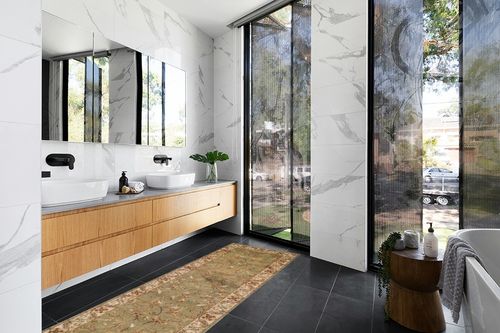 Superior Indoor Runner Rug, Jute Backed Rugs For Bedroom, Office, Entryway, Hallway, Kitchen, Traditional Floral Scroll Floor Decor, Heritage Collection, Green, 2' 7" x 8' in Modern Black Tiled bathroom