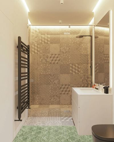 Unique Loom Trellis Shag Collection Plush Geometric Modern Moroccan Lattice Green Runner Rug in White Tiled Bathroom