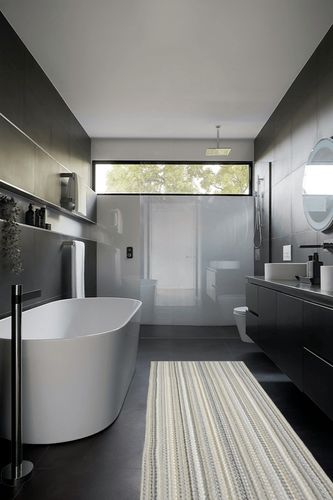 Garland Rug Carnival Stripe 3 ft. x 8 ft. Random Earth Tone Runner Rug in Black Modern Bathroom