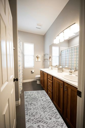 Wonnitar Moroccan Washable Runner Rug in Wooden and Grey Bathroom