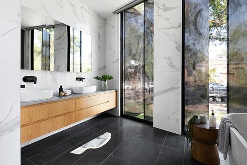 BLEU DE CHIC Peek-A-Boo Small Washable Fluffy Rug for Bedroom, Kitchen, Bath mats, Home Decor 15"x30" (Blue Bunny) in Modern Black Tiled bathroom