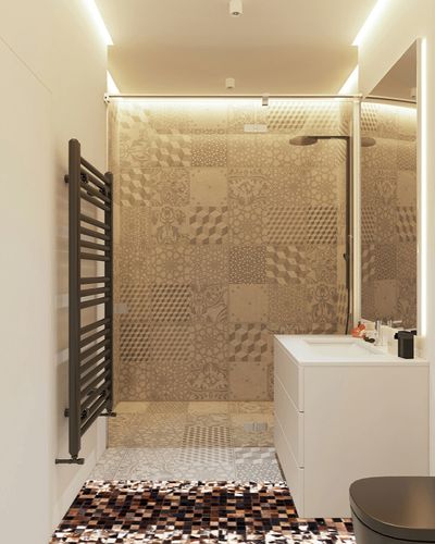 SAFAVIEH Studio Leather Collection 2'3" x 7' Beige/Brown STL803B Handmade Mid-Century Modern Leather Runner Rug in White Tiled Bathroom