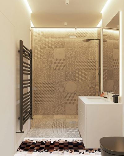 SAFAVIEH Studio Leather Collection 2'3" x 7' Ivory / Dark Brown STL215B Handmade Mid-Century Modern Leather Runner Rug in White Tiled Bathroom