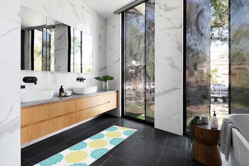 Hallway Runner Rug,Mandala Floral Print Geometric Pattern Aqua Green Yellow Non Slip Water Absorbent Rug Indoor Entrance Floor Mat Runner for Home Garage Kitchen Laundry 23.6x70.9in in Modern Black Tiled bathroom