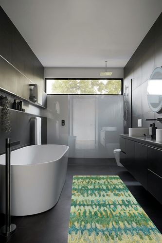 Dash and Albert Paint Chip Moss Hand Micro Hooked Wool Rug, Runner-2.5 X 8 Feet, Multi/Green Geometric Pattern in Black Modern Bathroom