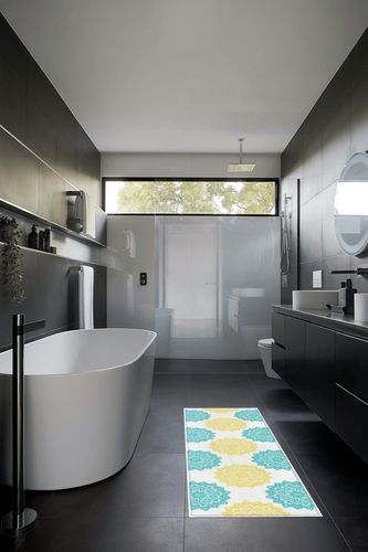 Hallway Runner Rug,Mandala Floral Print Geometric Pattern Aqua Green Yellow Non Slip Water Absorbent Rug Indoor Entrance Floor Mat Runner for Home Garage Kitchen Laundry 23.6x70.9in in Black Modern Bathroom