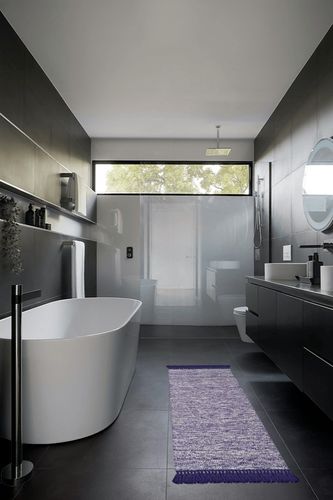 SAFAVIEH Montauk Collection Runner Rug - 2'3" x 7', Purple, Handmade Tassel Cotton, Ideal for High Traffic Areas in Living Room, Bedroom (MTK610S) in Black Modern Bathroom