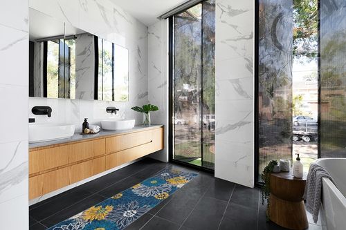 Nourison Passion Blue 2'2" x 7'6" Area Rug, Floral, Farmhouse, Easy -Cleaning, Non Shedding, Bed Room, Living Room, Dining Room, Kitchen, (8' Runner) in Modern Black Tiled bathroom