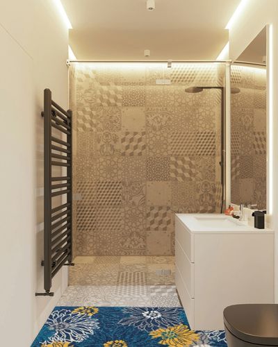 Nourison Passion Blue 2'2" x 7'6" Area Rug, Floral, Farmhouse, Easy -Cleaning, Non Shedding, Bed Room, Living Room, Dining Room, Kitchen, (8' Runner) in White Tiled Bathroom