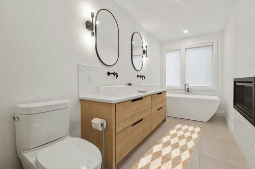 Rugs USA x Arvin Olano Louie Diamond Checkerboard Jute Area Rug, 2' x 8', Natural in Scandinavian Neutral bathroom