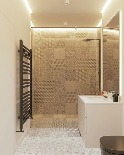 CosmoLiving by Cosmopolitan Chanai CN30A Alabaster Geometric Contemporary Area Rug, 2'0"x8'0" in White Tiled Bathroom