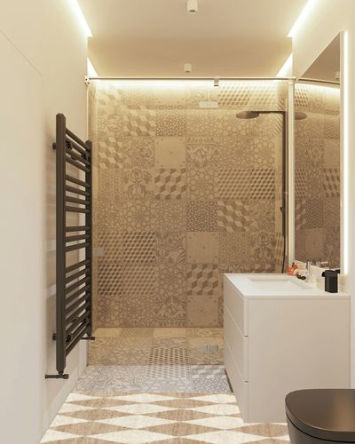 Rugs USA x Arvin Olano Louie Diamond Checkerboard Jute Area Rug, 2' x 8', Natural in White Tiled Bathroom