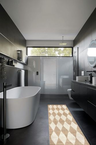 Rugs USA x Arvin Olano Louie Diamond Checkerboard Jute Area Rug, 2' x 8', Natural in Black Modern Bathroom