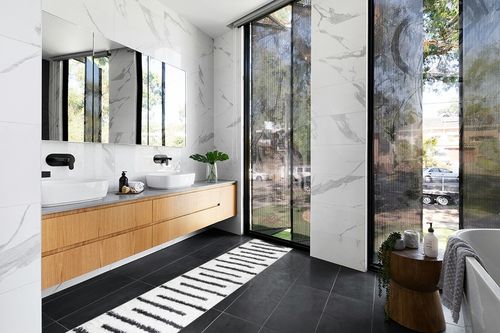 JONATHAN Y MOH402A-210 Alaro Berber Stripe Shag Indoor Area-Rug Bohemian Geometric Contemporary Glam Easy-Cleaning Bedroom Kitchen Living Room Non Shedding, 2 X 10, White/Black in Modern Black Tiled bathroom